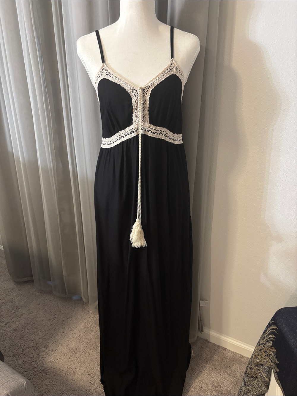 1. State Black Maxi Dress with Cream Crochet Trim and Tassel